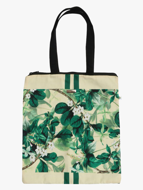 White Flower Green Leaf Print Zip Tote Bag