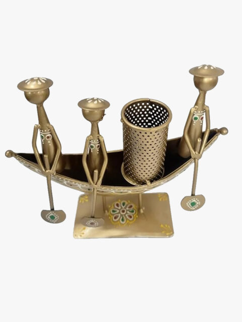3 Doll Long Kerala Iron Boat Pen Holder Golden