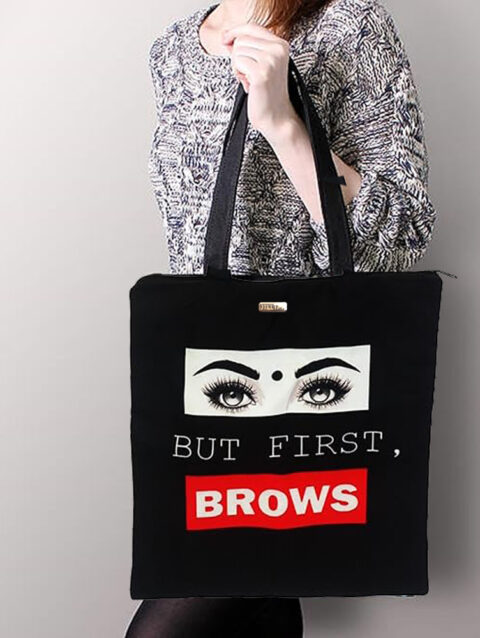 But First Brows Zip Tote Bag Black