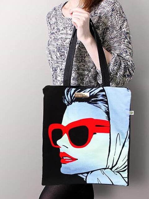 Canvas Light Blue & Black Zip Tote Bag
